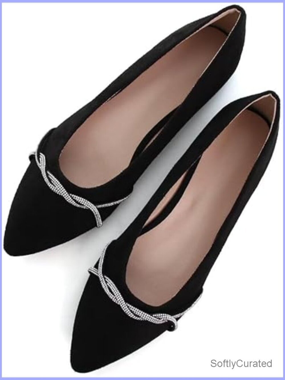 Pointed Toe Ballet Flats with Rhinestones, Suede Upper, Slip On Dress Shoes
